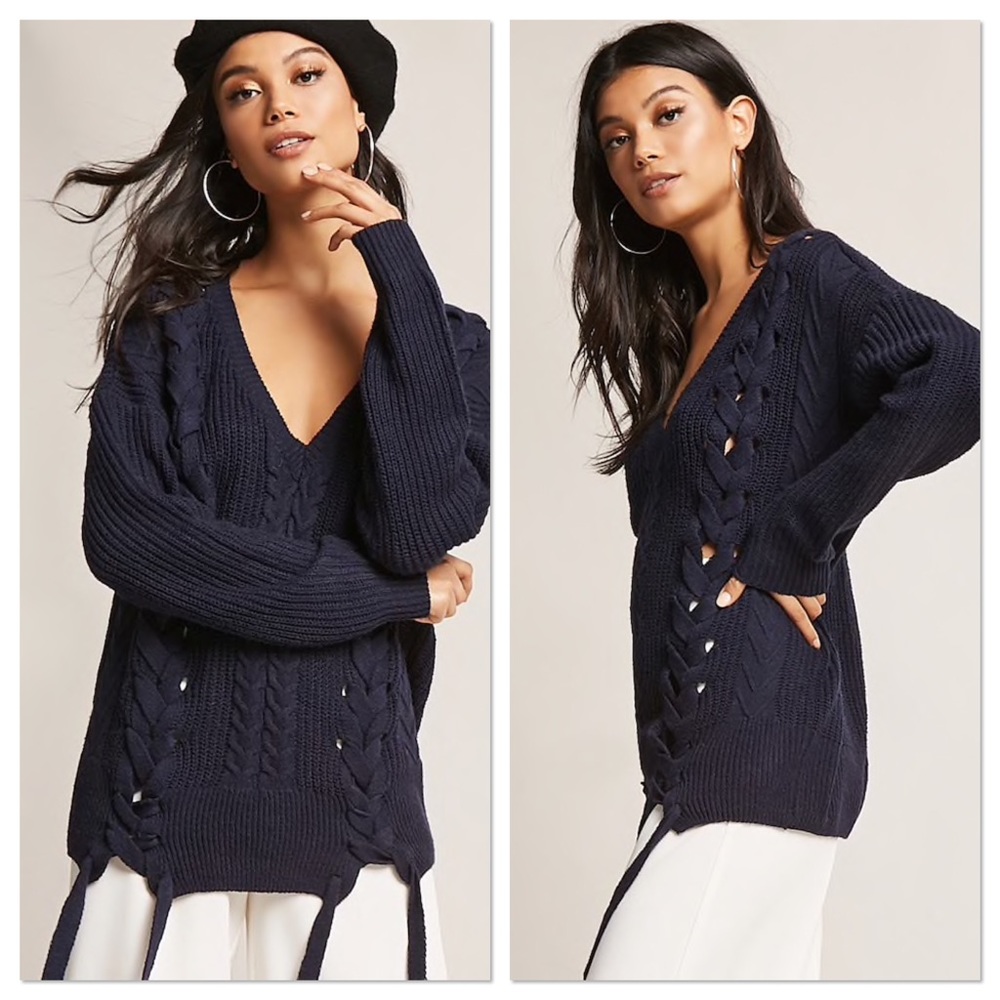 💣 MAJOR SALE! Navy Front Lace Up Sweater - Picture 2 of 4